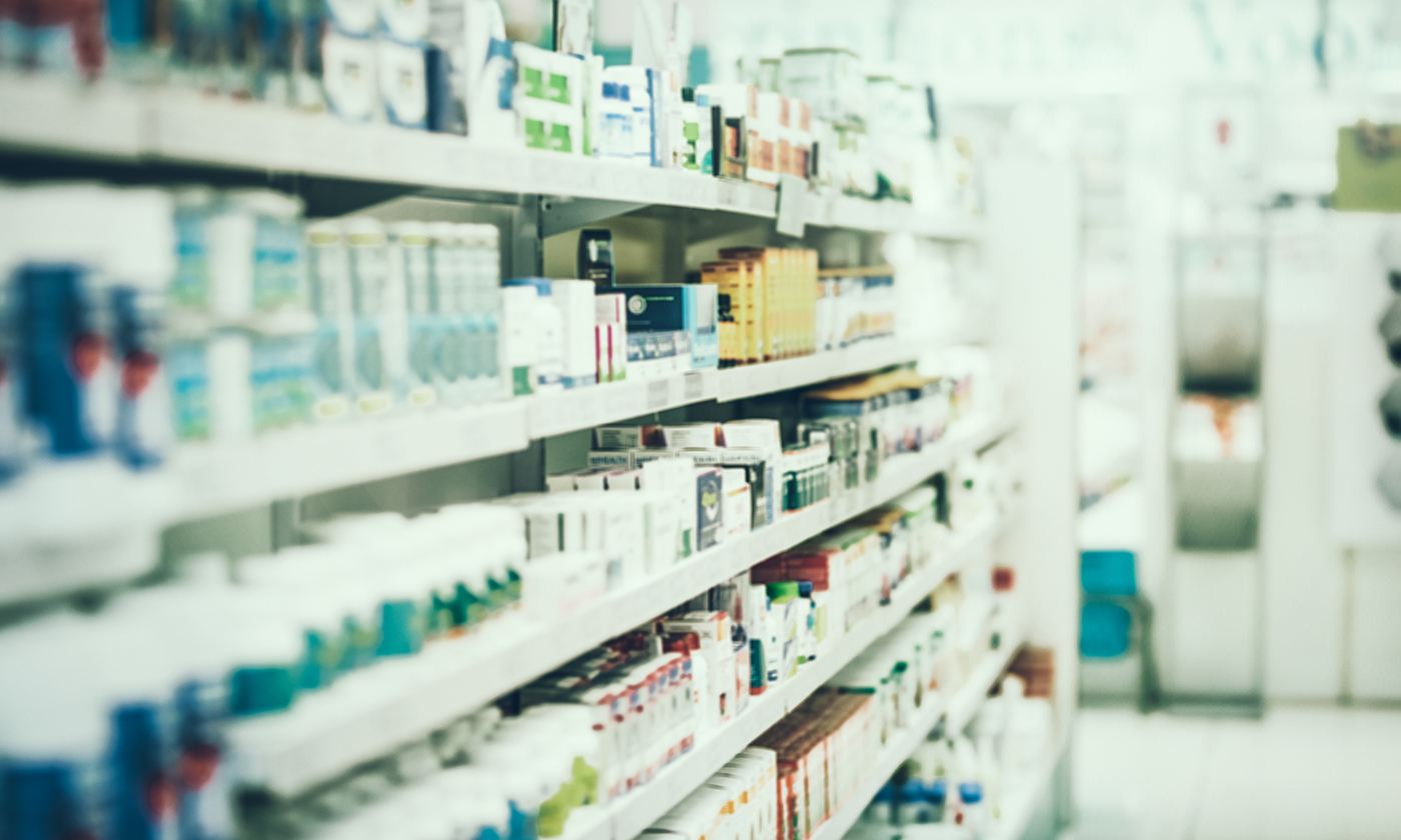 Shot of shelves stocked with various medicinal products in a pharmacy