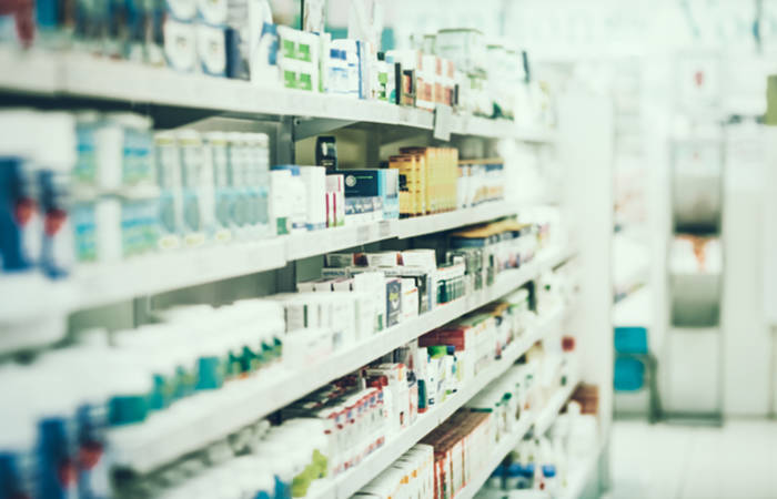 Shot of shelves stocked with various medicinal products in a pharmacy