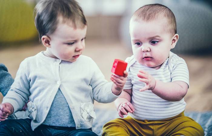 Toddlers sharing and playing