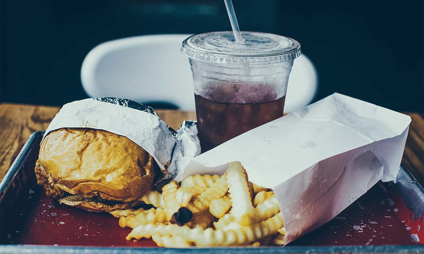 Burger, chips and a drink